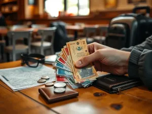 Ręce trzymają egipskie banknoty i monety na stole obok portfela i mapy, w tle kawiarnia w podróżniczym klimacie