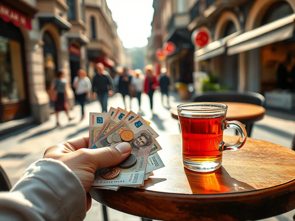 Tureckie liry i monety obok szklanki herbaty na stoliku w kawiarni, w tle słoneczna ulica Stambułu.