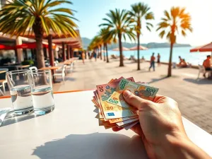 Turysta przy stoliku w chorwackiej kawiarni trzyma kuny i euro, planując wakacyjne wydatki nad morzem