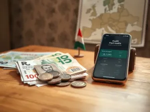 Banknoty i monety forinta obok portfela i telefonu z przelicznikiem walut, na tle mapy Europy i małej flagi Węgier.