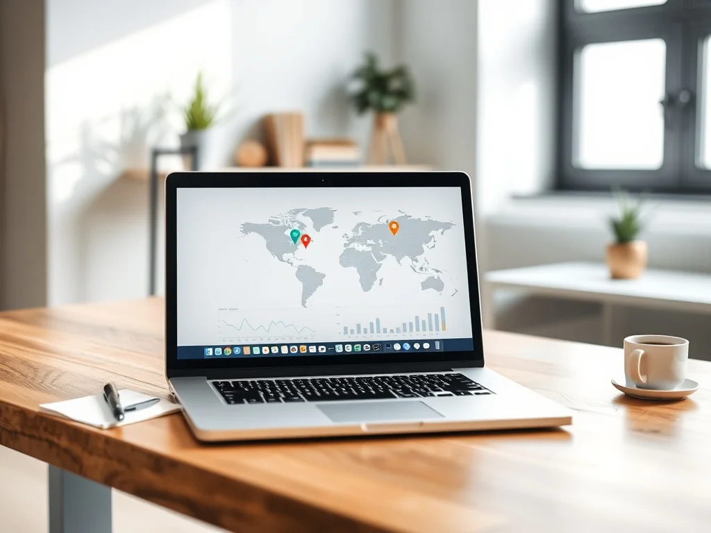 Laptop z mapą świata i znacznikami lokalizacji, symbolizujący analizę błędów w pozycjonowaniu zagranicznym.