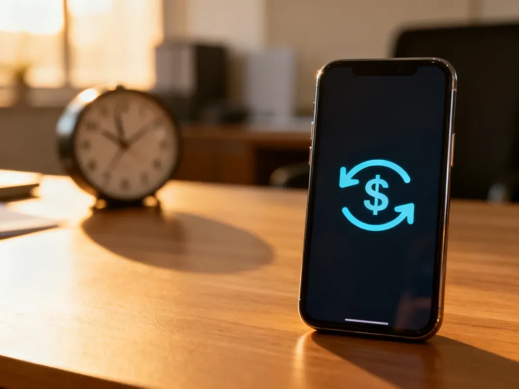 Nowoczesny smartfon z ikoną przelewu na drewnianym biurku, symbolizujący szybkość i wygodę bankowości elektronicznej.