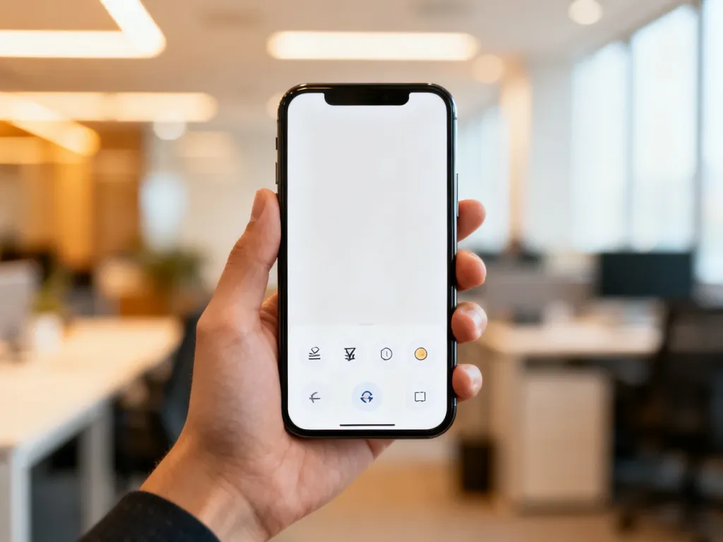 Dłoń trzymająca smartfon z widocznym interfejsem aplikacji finansowej w jasnym, biurowym wnętrzu.