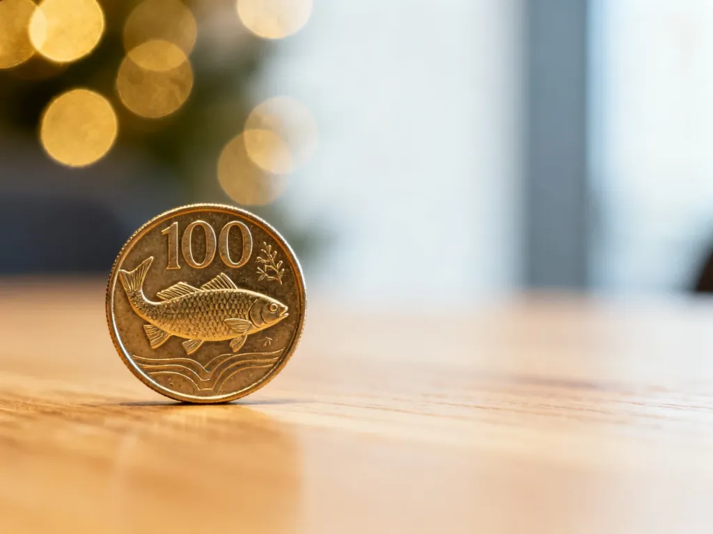 Islandzka moneta 100 koron z motywem ryby leżąca na drewnianym stole w otoczeniu miękkiego światła.