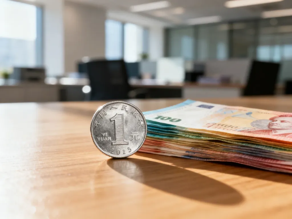 Srebrna moneta i stos banknotów na drewnianym stole, symbolizujące wymianę walut w nowoczesnym biurze.