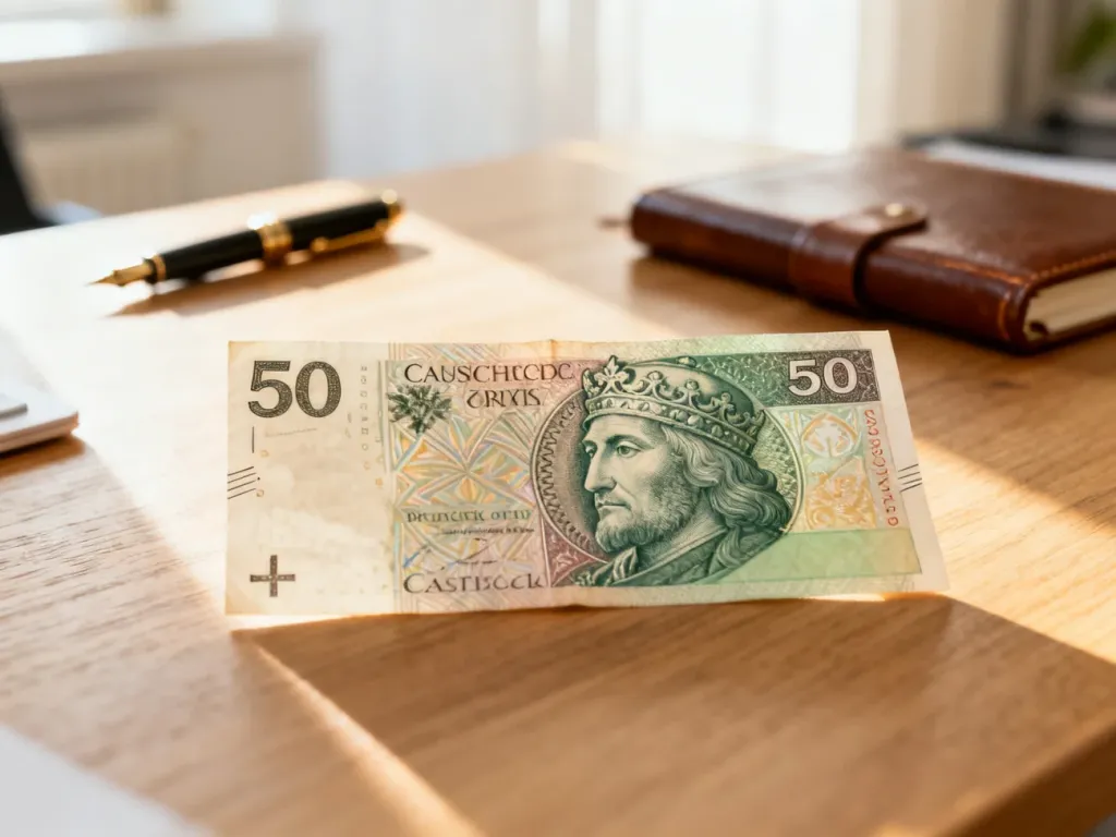 Banknot 50 złotych z wizerunkiem króla Kazimierza Wielkiego leżący na drewnianym biurku w domowym gabinecie.
