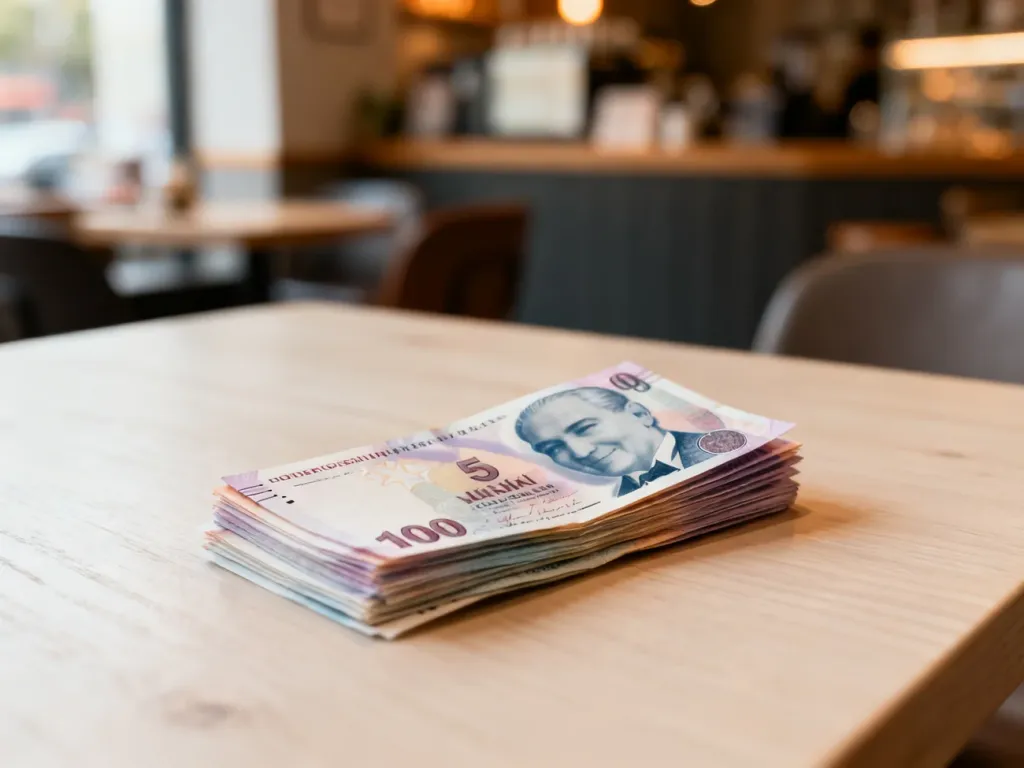 Stos banknotów liry tureckiej leżący na drewnianym stole w kawiarnianym wnętrzu.