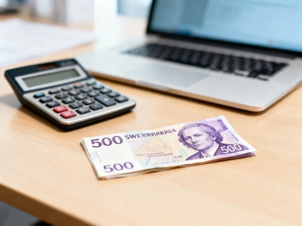 Banknot 500 koron szwedzkich na drewnianym biurku obok kalkulatora walutowego i laptopa.