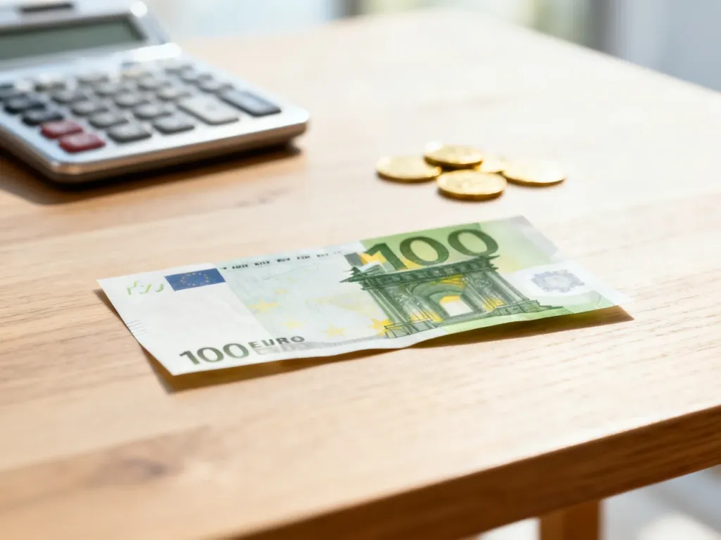 Banknot 100 euro leżący na drewnianym stole obok kalkulatora i monet, symbolizujący przelicznik walut.