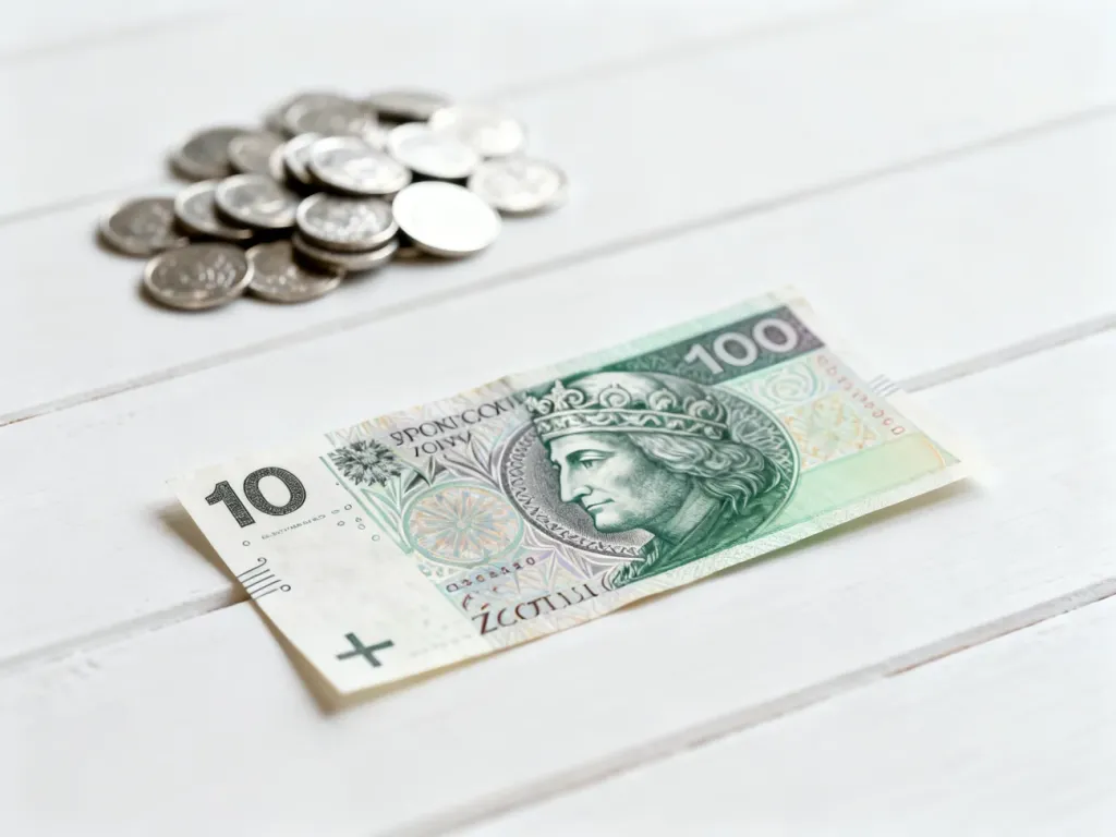 Banknot o nominale 100 złotych leżący na jasnym drewnianym blacie w otoczeniu rozmytych monet.
