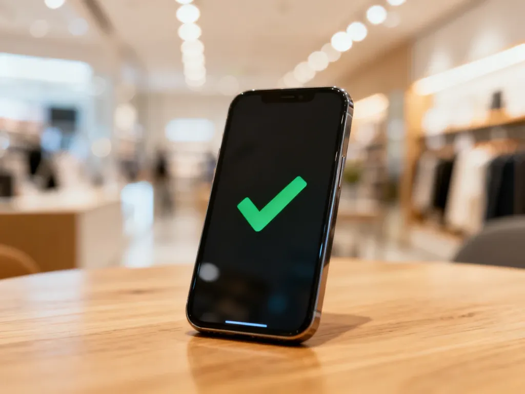 Smartfon z ikoną zielonego znaku potwierdzającą udaną transakcję płatniczą na drewnianym stole.
