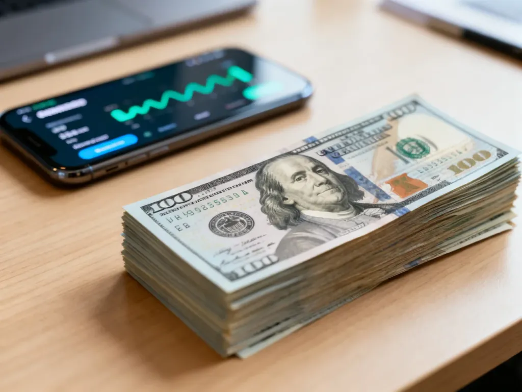 Stos banknotów studolarowych na drewnianym biurku obok smartfona z aplikacją do przeliczania walut.