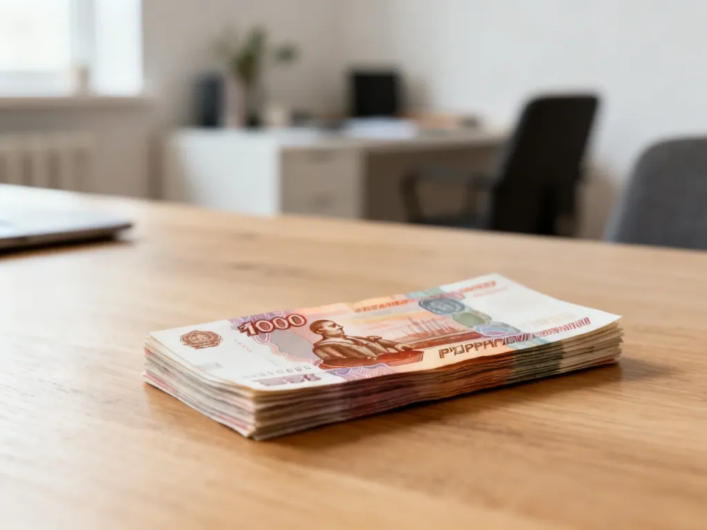 Stos banknotów rubla rosyjskiego leżący na drewnianym stole w jasnym, domowym biurze.