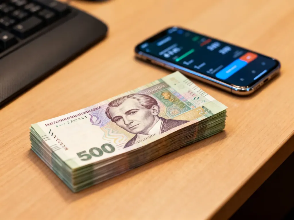 Stos banknotów hrywny na drewnianym biurku obok smartfona z aplikacją do przeliczania walut.