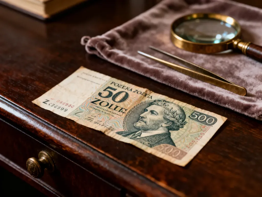 Stary banknot 500 zł z lat 80. na drewnianym biurku w otoczeniu akcesoriów numizmatycznych.