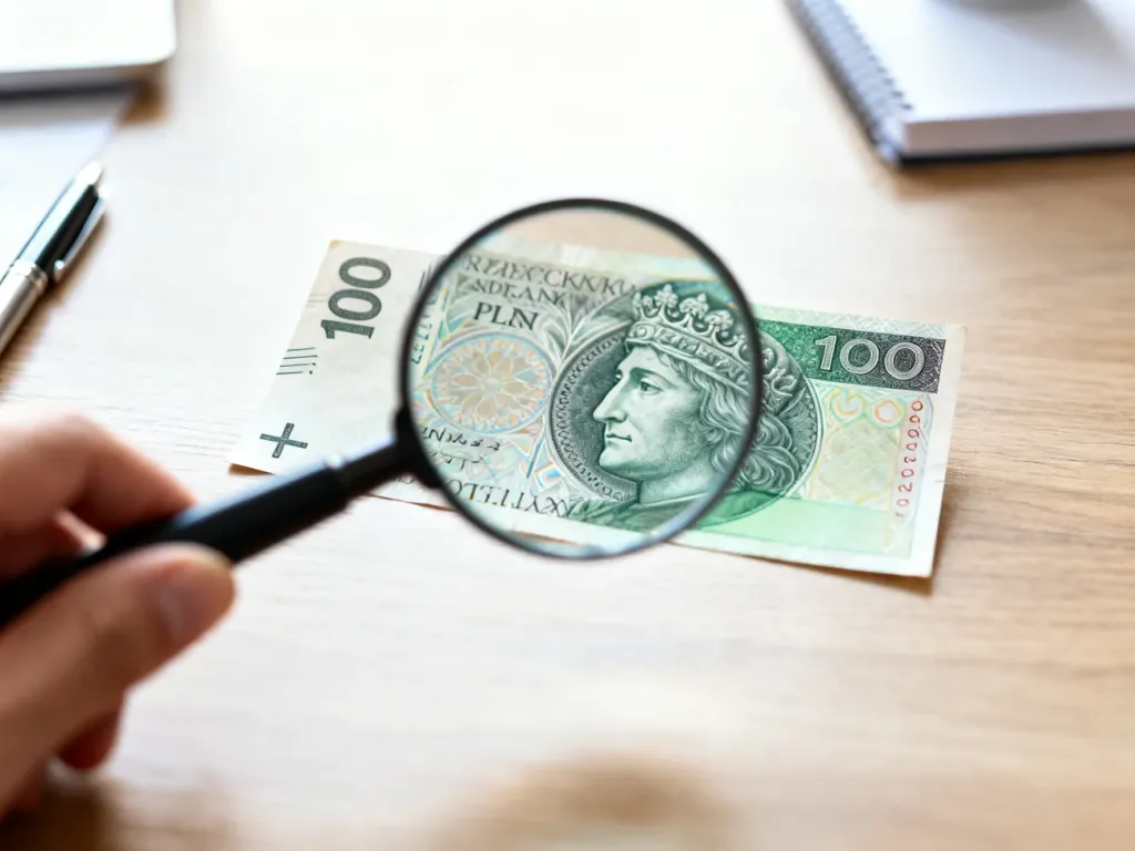 Banknot 100 zł badany pod lupą na drewnianym biurku. Obraz ilustruje proces sprawdzania autentyczności pieniędzy.