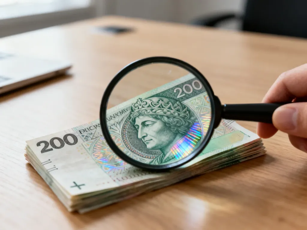 Lupa powiększająca detale zabezpieczające na banknocie 200 zł, ułatwiająca weryfikację autentyczności pieniędzy.