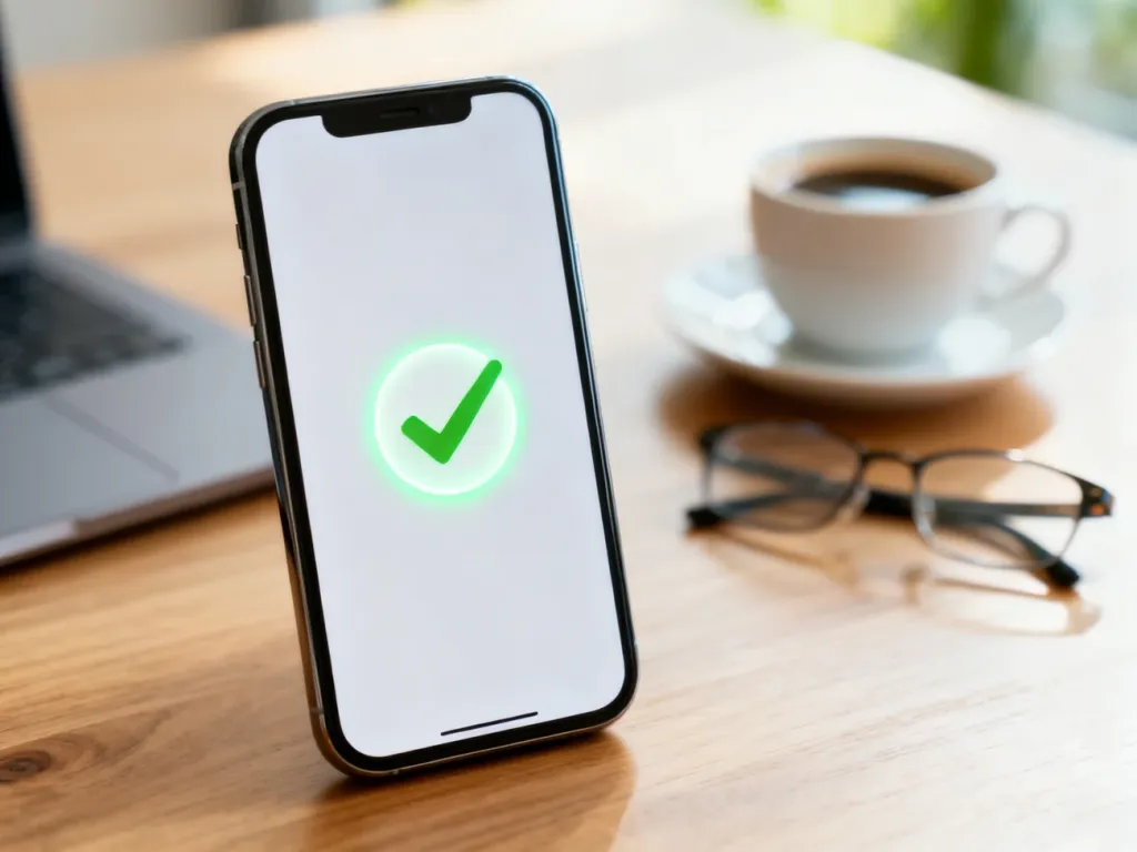 Smartfon z aplikacją bankową i ikoną zatwierdzonego przelewu na tle biurka, symbolizujący szybkie płatności online.