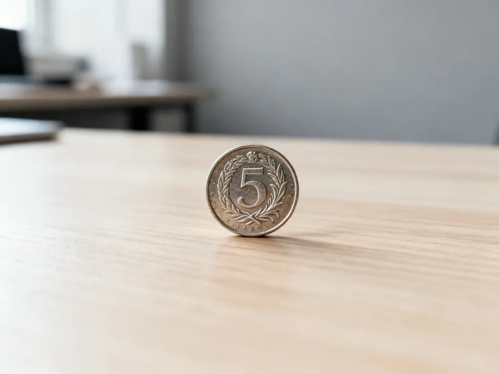 Moneta pięciozłotowa leżąca na jasnym drewnianym stole, ukazująca szczegóły jej faktury i metaliczny połysk.