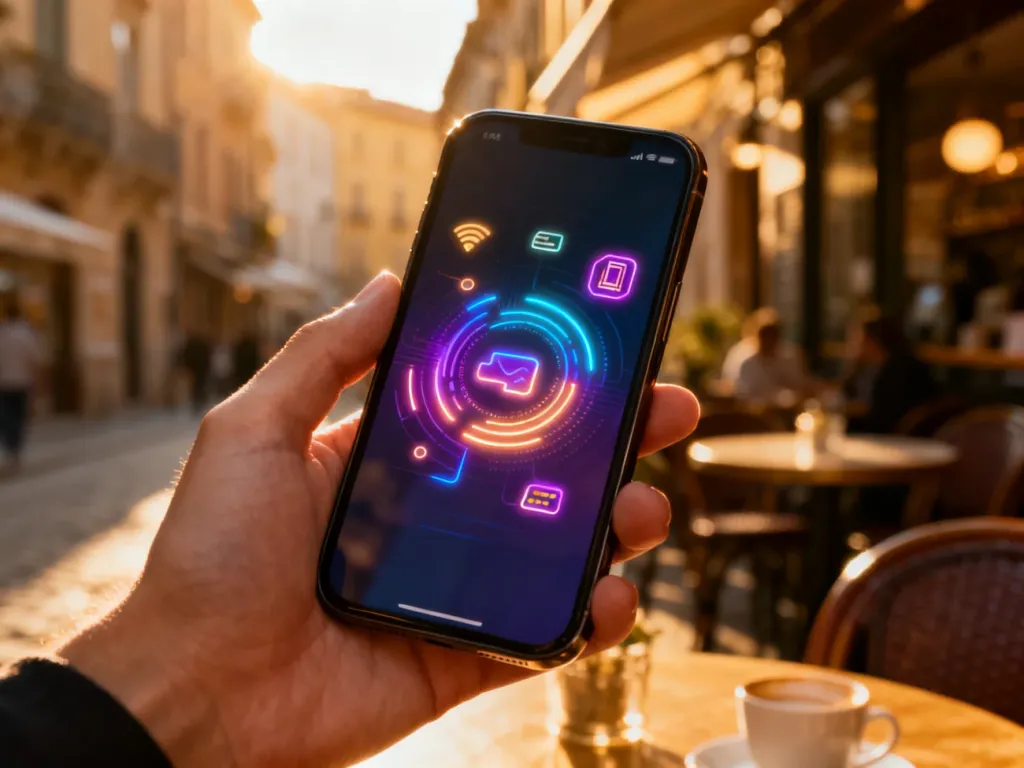 Dłoń trzymająca smartfon z interfejsem płatności cyfrowych na tle przytulnej kawiarni w europejskim stylu.