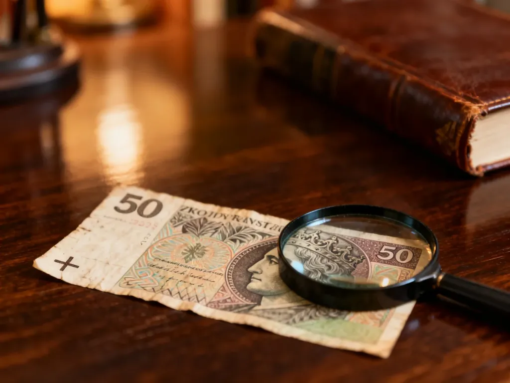Stary banknot 50-złotowy leżący na drewnianym biurku obok lupy, służącej do badania detali kolekcjonerskich.