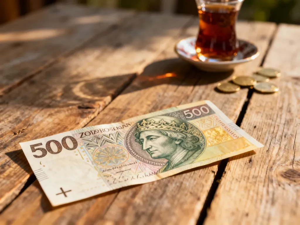 Banknot 500 złotych obok tureckich monet i szklanki herbaty, symbolizujący wymianę walut między Polską a Turcją.