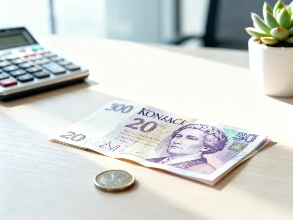 Dwa banknoty korony czeskiej oraz moneta leżące na drewnianym biurku w nowoczesnym biurze.