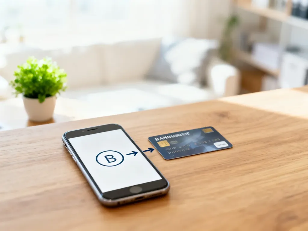 Smartfon z aplikacją bankową obok karty płatniczej na drewnianym biurku, symbolizujący proces przelewu środków.