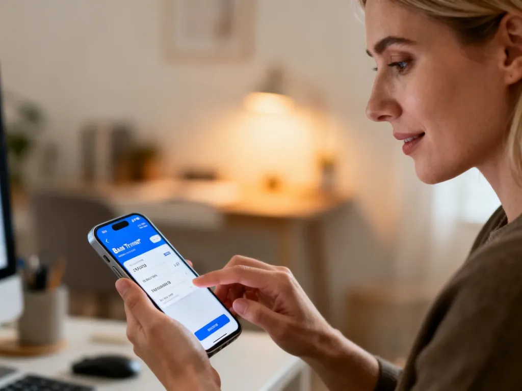Kobieta wykonuje przelew bankowy na smartfonie w przytulnym domowym biurze.