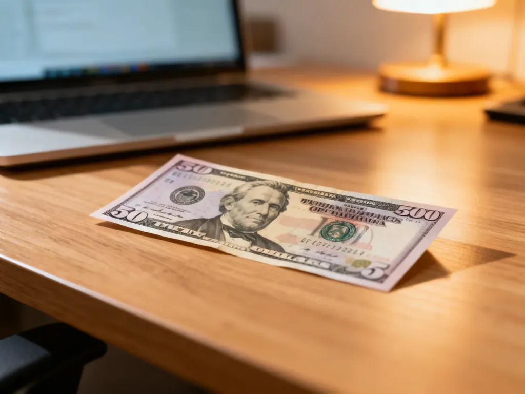 Banknot pięciuset dolarów leżący na biurku, symbolizujący operacje finansowe i wymianę walut.
