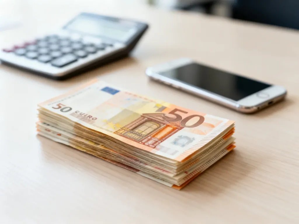 Stos euro banknotów na biurku obok kalkulatora i smartfona, symbolizujące przeliczanie walut i finanse.