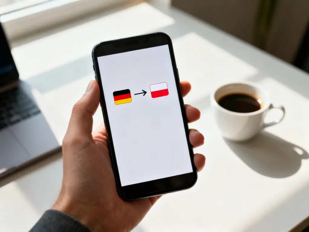 Smartfon z aplikacją bankową pokazujący transfer pieniędzy z Niemiec do Polski.