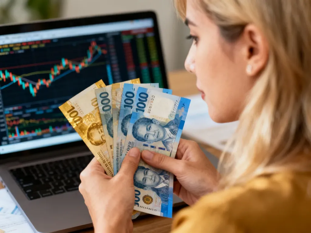 Kobieta trzymająca w dłoniach filipińskie peso na tle wykresów finansowych, obrazująca temat przelicznika walut.
