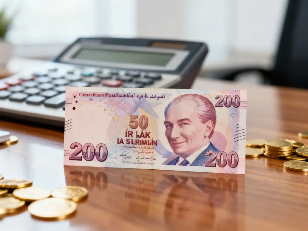 Banknot 200 lir tureckich leżący na drewnianym biurku obok kalkulatora walutowego i złotych monet.