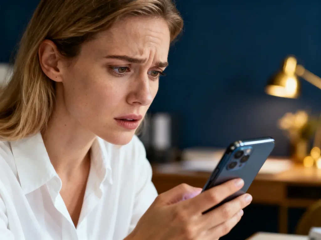 Zaniepokojona kobieta trzymająca smartfon w domowym biurze, ilustrująca proces zarządzania płatnościami bankowymi.