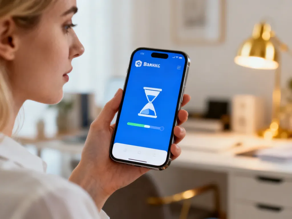 Dłoń trzymająca smartfon z aplikacją bankową i ikoną klepsydry, symbolizującą oczekiwanie na realizację przelewu.
