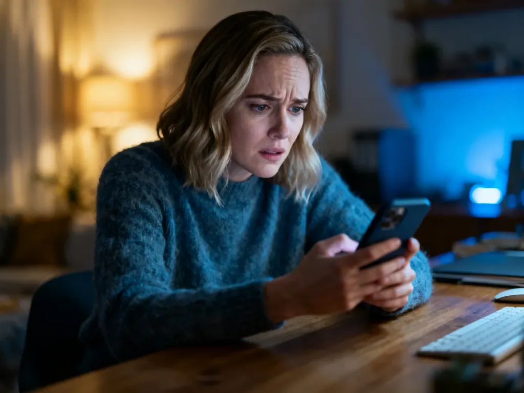 Zaniepokojona kobieta patrząca na smartfon przy biurku, ilustrująca problem z niedochodzącym przelewem bankowym.