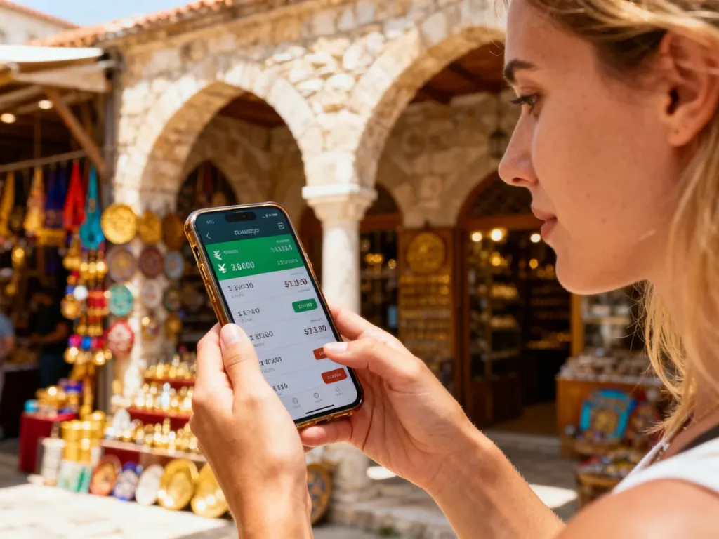 Kobieta trzyma smartfon z aplikacją do przeliczania walut na tle tradycyjnego albańskiego bazaru.