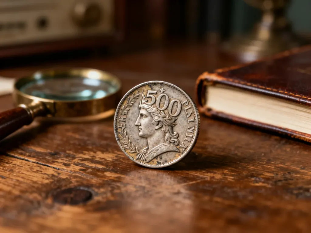 Zmatowiała srebrna moneta 500 zł na drewnianym biurku obok lupy i starego dziennika, podkreślająca historyczny charakter.