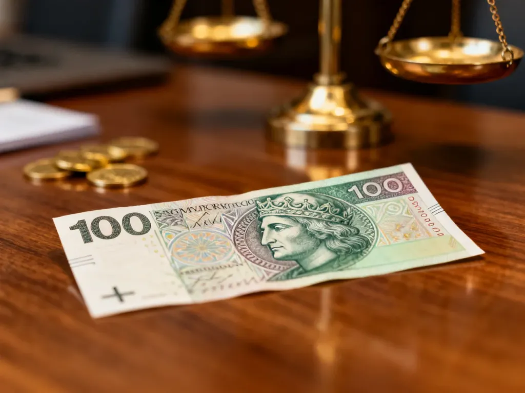 Banknot 100 zł na drewnianym biurku z widocznymi detalami zabezpieczeń oraz wagą w tle, podkreślający temat finansów.