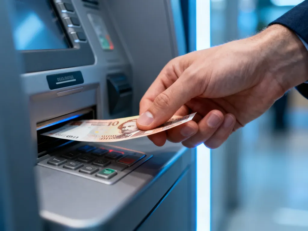 Dłoń wkładająca banknot o wysokim nominale do szczeliny nowoczesnego wpłatomatu w profesjonalnym otoczeniu bankowym.