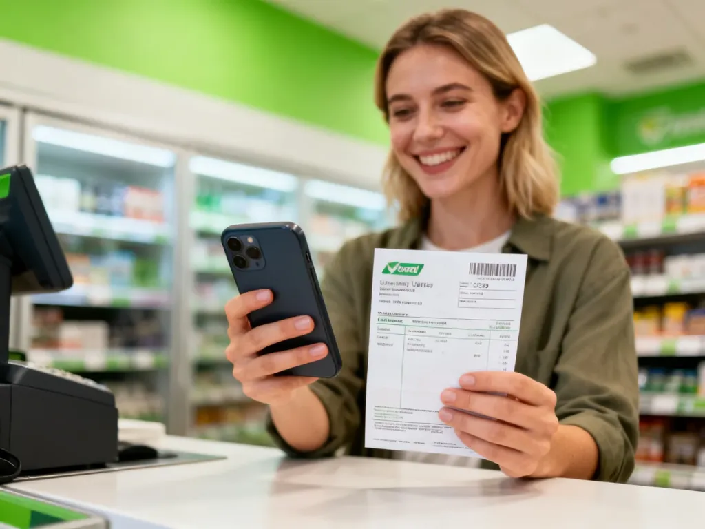 Uśmiechnięta kobieta przy kasie w sklepie Żabka trzymająca smartfon i rachunek, gotowa do opłacenia faktury.