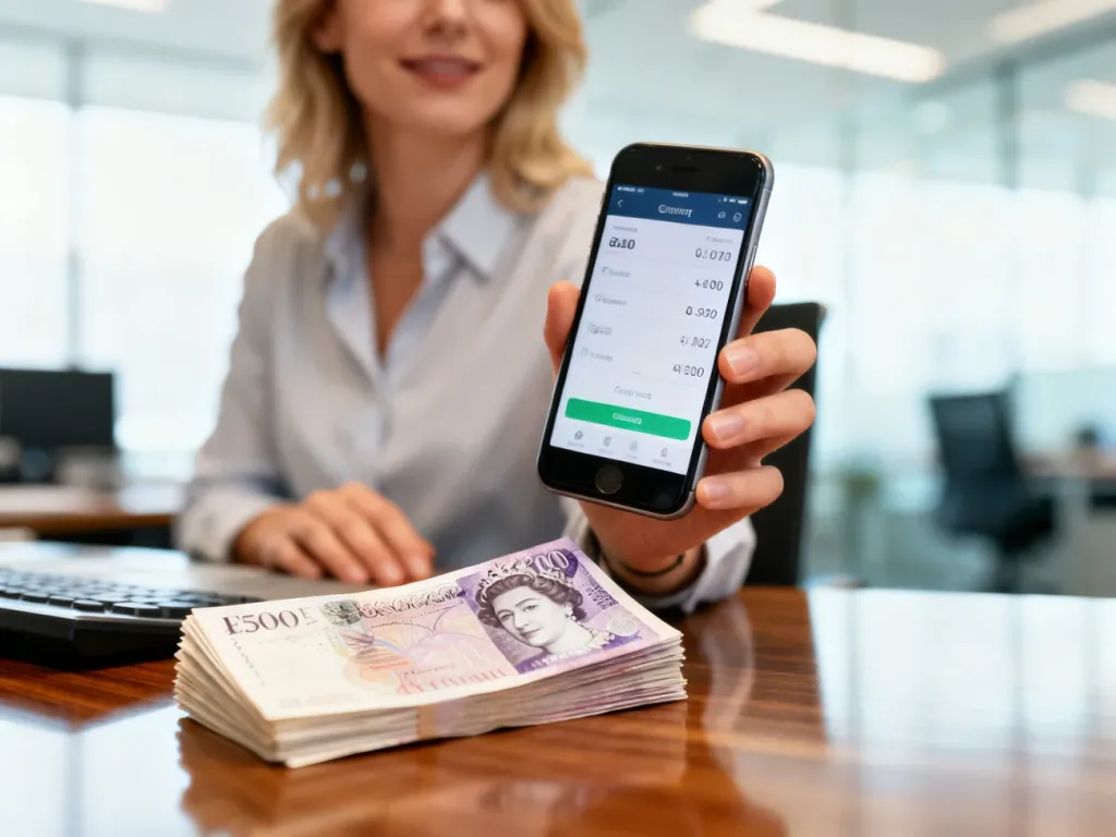 Kobieta trzymająca smartfon z aplikacją do przeliczania walut obok stosu brytyjskich funtów na biurku.