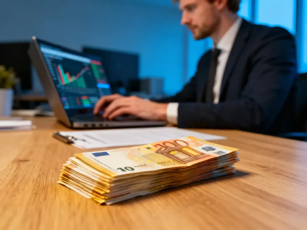 Stos banknotów euro na biurku obok pracownika analizującego wykresy finansowe na laptopie.