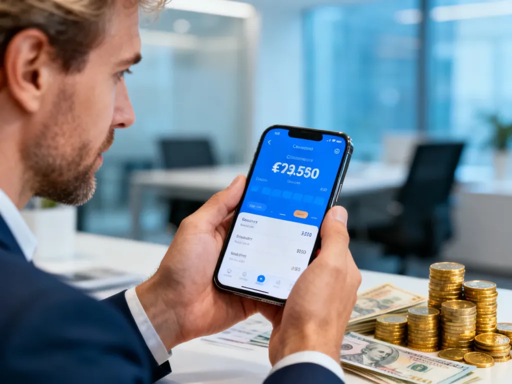 Mężczyzna trzyma smartfon z aplikacją do przeliczania walut na tle biura z monetami i banknotami.