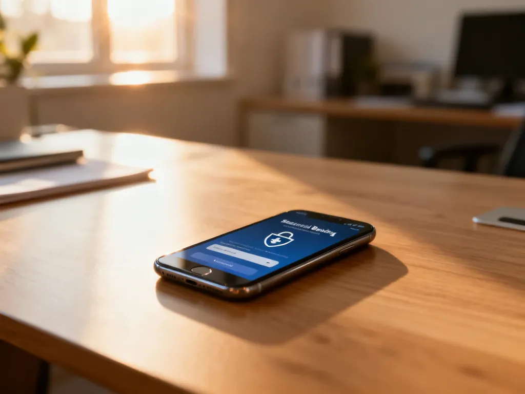 Nowoczesny smartfon z interfejsem bankowości elektronicznej na drewnianym biurku, symbolizujący bezpieczną weryfikację tożsamości.