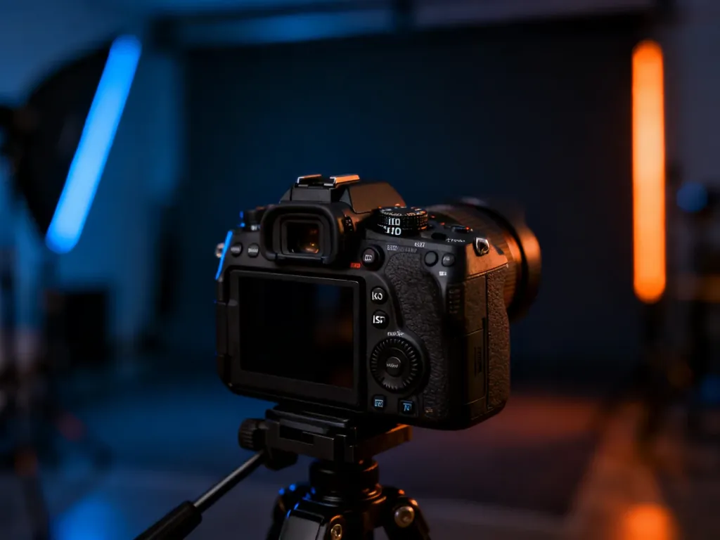 Profesjonalna lustrzanka na statywie z widocznym pokrętłem ustawień ISO w nastrojowym oświetleniu studia fotograficznego.