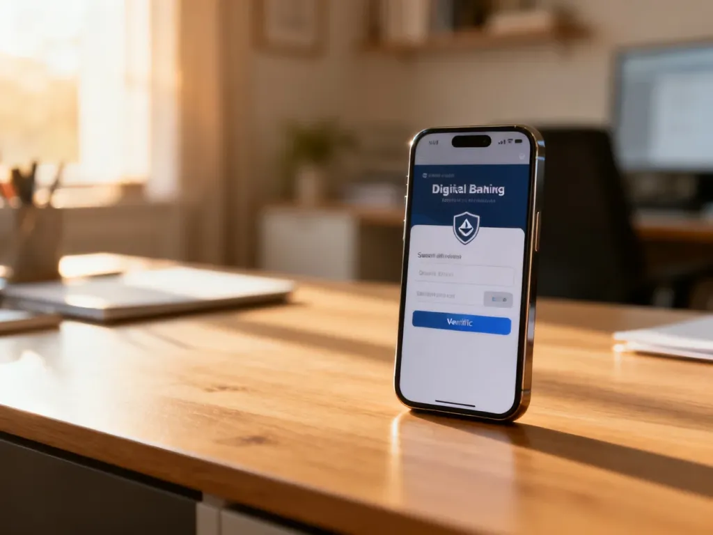 Smartfon z widocznym interfejsem bankowości cyfrowej na drewnianym biurku, symbolizujący proces zakładania profilu zaufanego.