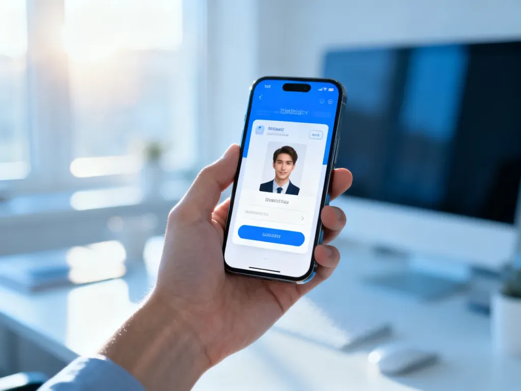 Smartfon z otwartą aplikacją mObywatel trzymany w dłoni na tle jasnego biura, symbolizujący cyfrową identyfikację.