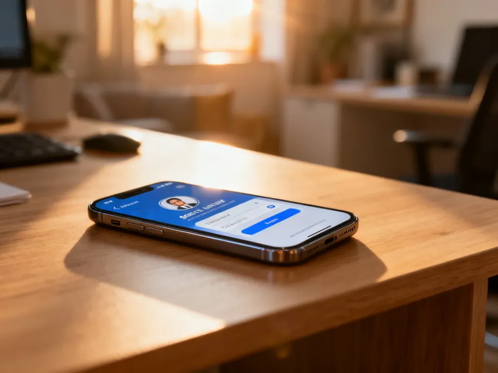 Smartfon z interfejsem weryfikacji tożsamości cyfrowej na drewnianym biurku, symbolizujący bezpieczne zakładanie profilu zaufanego.